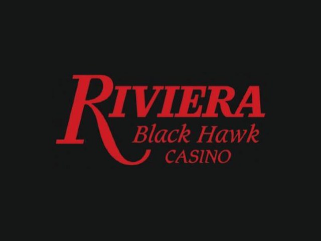 A black hawk casino logo with the word riviera in red.