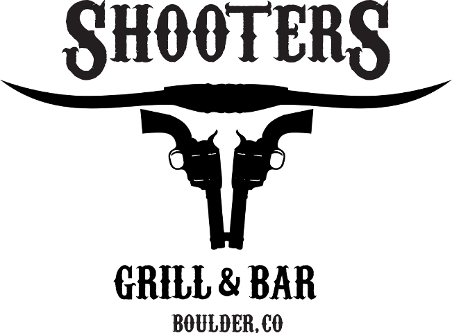 A black and white logo of shooters grill & bar.