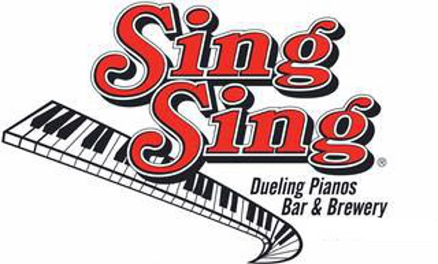 A red and white logo for sing sing dueling pianos bar & brewhouse.