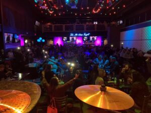 Stage view from the drums at dueling piano show at the former Blue Moon Dueling Piano Bar in West Des Moines, IA.